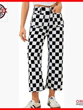 Cropped High Waisted Stretchy Straight Leg Checkered Jeans with Pockets